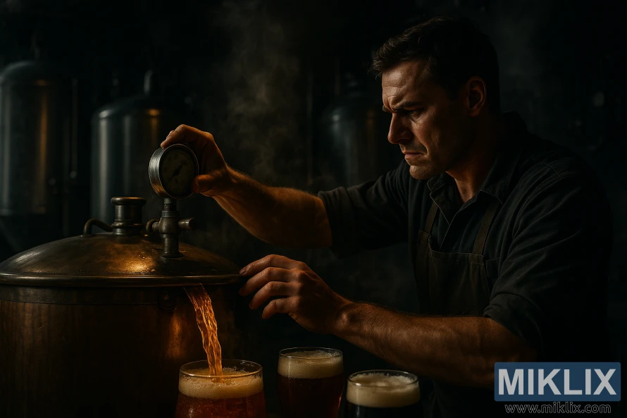 Panimomestari säätää mittaria höyryävässä panimossa, jossa meripihkanväristä vierrettä virtaa mäskäysastiasta. Panimomestari säätää mittaria höyryävässä panimossa, jossa meripihkanväristä vierrettä virtaa mäskäysastiasta.