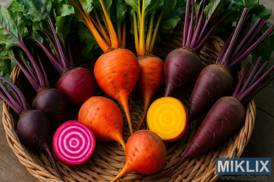 Кошик, наповнений різнокольоровими сортами буряка, включаючи червоний, золотистий та смугастий. Кошик, наповнений різнокольоровими сортами буряка, включаючи червоний, золотистий та смугастий.