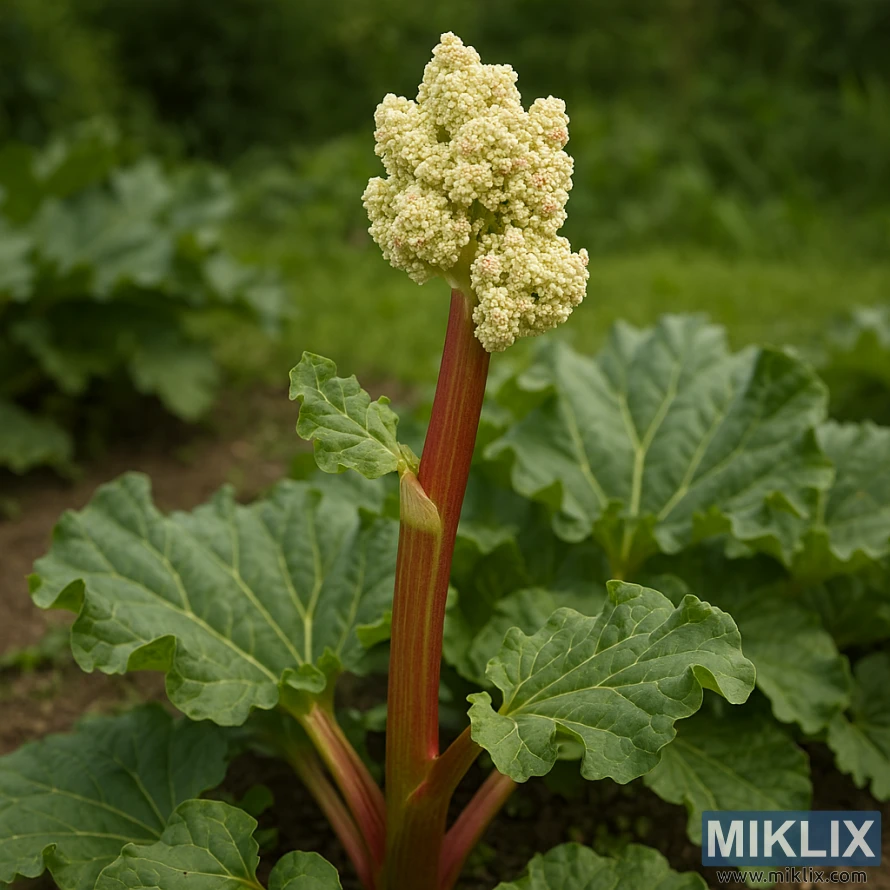 Rhubarb plant with tall flower stalk emerging from leafy base in garden setting Rhubarb plant with tall flower stalk emerging from leafy base in garden setting