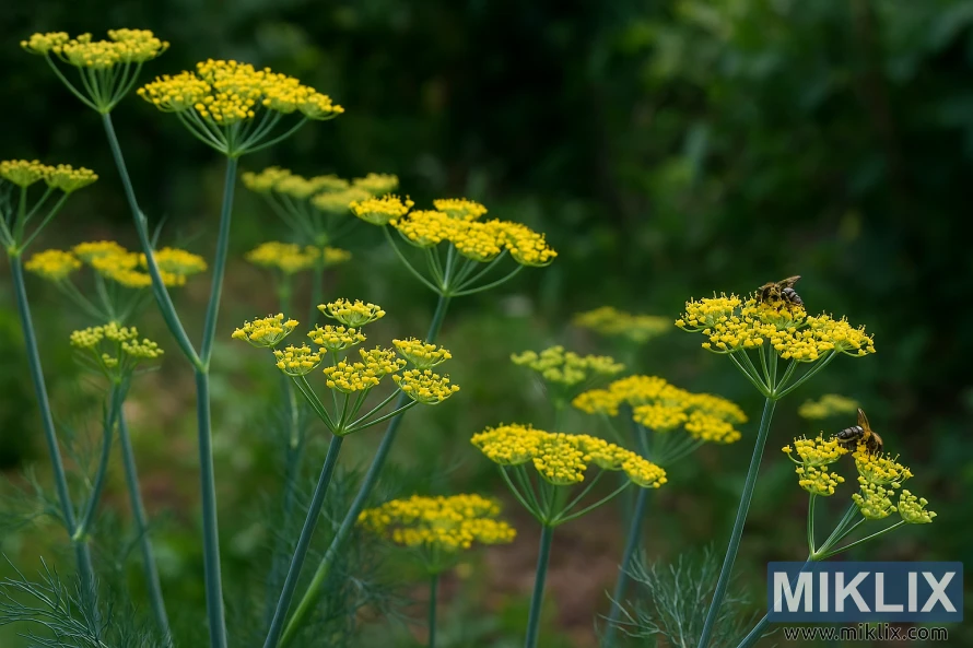 Yellow fennel flowers with bees in a lush garden setting