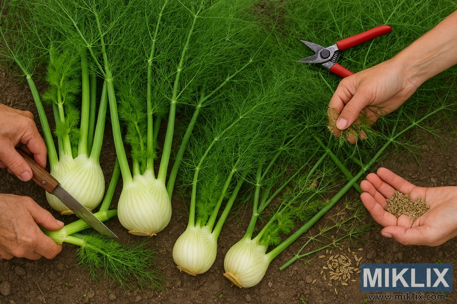 Hands harvesting fennel bulbs, fronds, and seeds in a garden