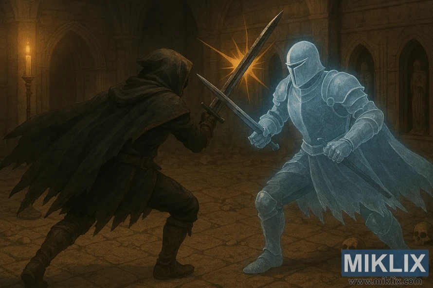 एनिमे-शैलीको फ्यान आर्टले माथिल्लो आइसोमेट्रिक दृश्यबाट भग्नावशेष कालकोठरीमा चम्किलो नीलो वर्णक्रमीय नाइटसँग लडिरहेको कालो चक्कु कवचमा टार्निश्ड देखाउँछ।