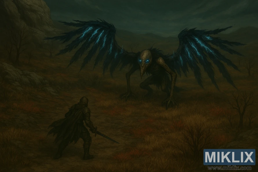 Semi-realistic dark fantasy artwork of the Tarnished in Black Knife armor facing the Death Rite Bird in Caelid.