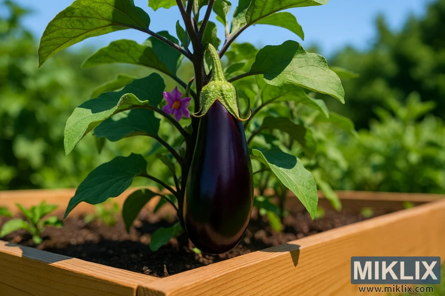 Ripe purple eggplant growing in a sunlit raised wooden garden bed surrounded by green leaves