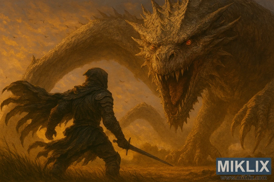 Realistic fan art of the Tarnished in Black Knife armor facing Elder Dragon Greyoll in Dragonbarrow