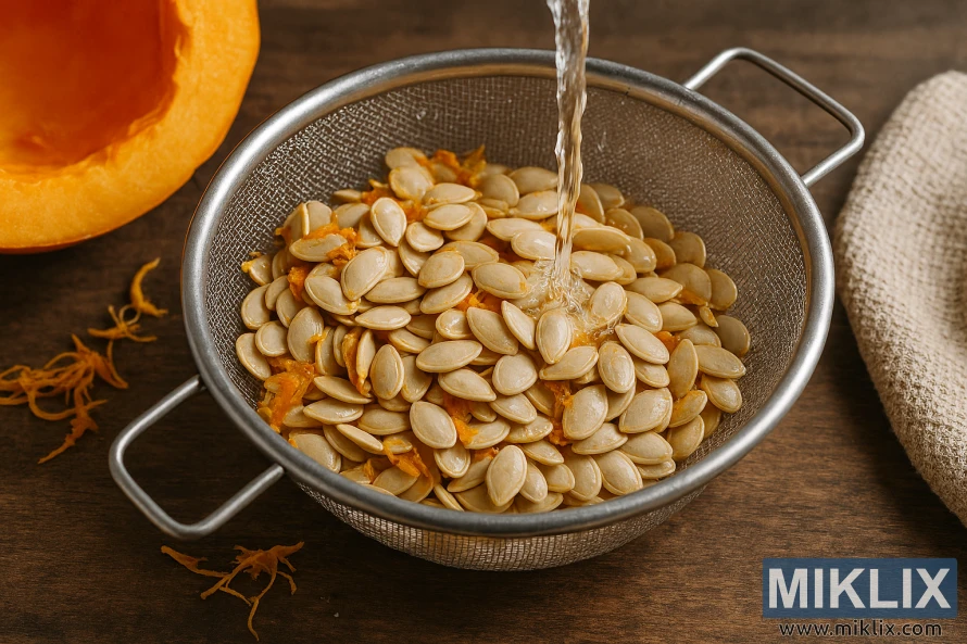 Pumpkin seeds being rinsed in a metal colander with water flowing over them, surrounded by pumpkin pulp and drying cloth.