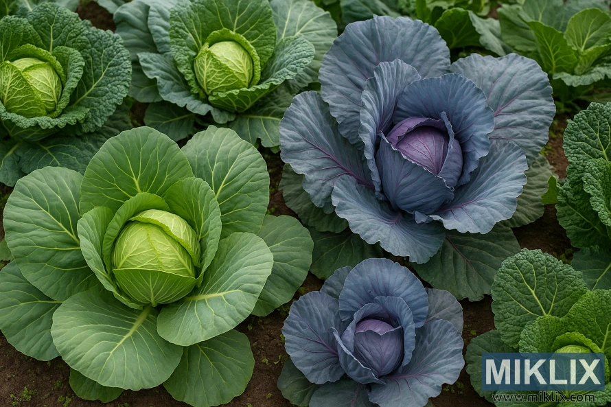 Vrtna gredica sa zelenim, crvenim i savojskim kupusom koji raste u bujnim, detaljno oblikovanim grozdovima. Vrtna gredica sa zelenim, crvenim i savojskim kupusom koji raste u bujnim, detaljno oblikovanim grozdovima.