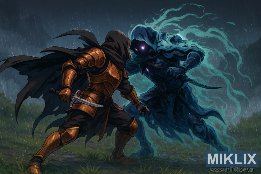 Фантазијски цртеж у аниме стилу, на којем се Потамњели у оклопу Црног Ножа боре против Алекто, Вође Црног Ножа, у арени натопљеној кишом са светлећим љубичастим и тиркизним ефектима.