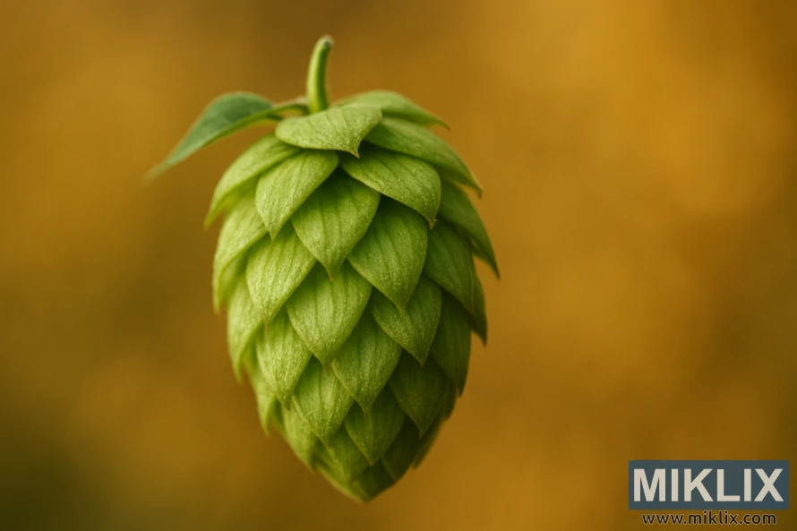 સોનેરી ઝાંખપ સામે ચમકતો એક લીલો લેન્ડહોફેન હોપ શંકુ.