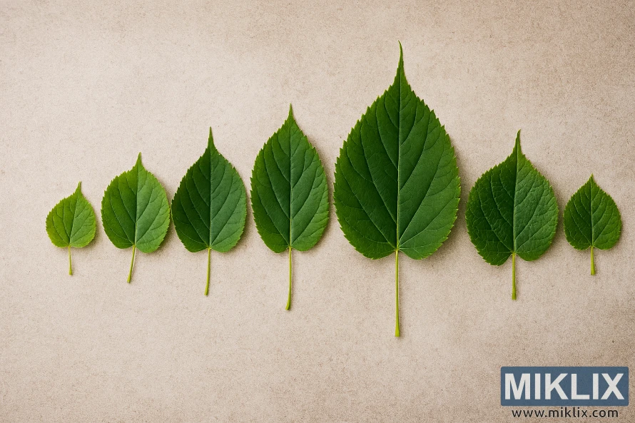 Side-ved-side-sammenligning av syv lindeblader som viser variasjoner i form, størrelse og tekstur.