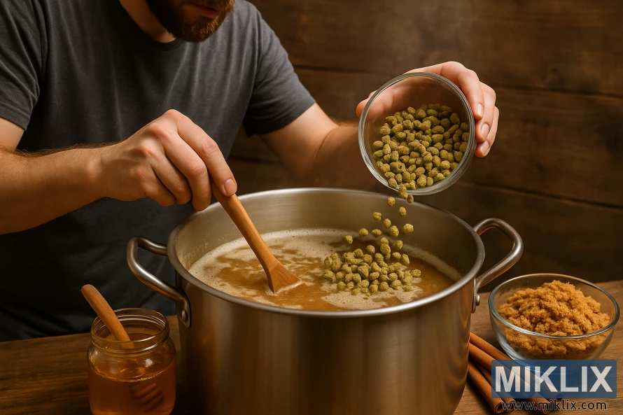 집에서 맥주를 양조하는 사람이 꿀, 설탕, 계피를 넣고 증기가 나는 주전자에 홉을 넣는 모습.