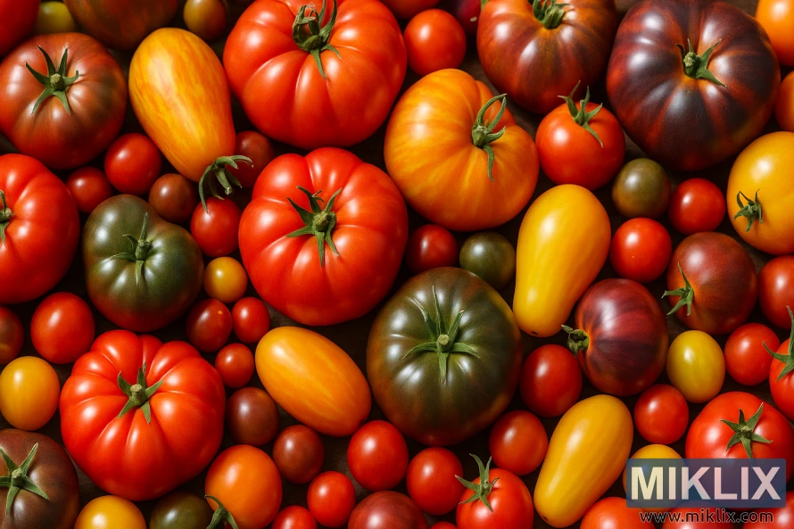 Uma vibrante seleção de tomates tradicionais coloridos, de diversos formatos e tamanhos, dispostos bem próximos uns dos outros. Uma vibrante seleção de tomates tradicionais coloridos, de diversos formatos e tamanhos, dispostos bem próximos uns dos outros.