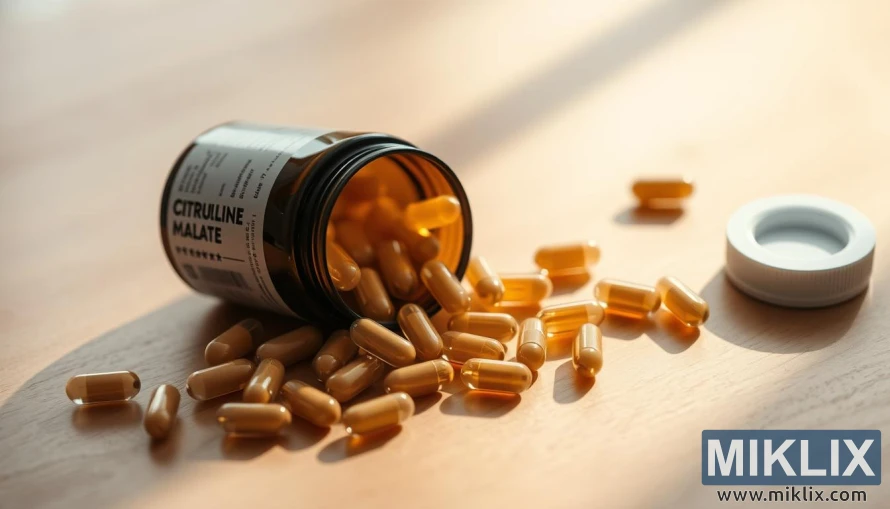 Sitrullienmalaatkapsules mors uit die bottel op 'n gepoleerde houtoppervlak.