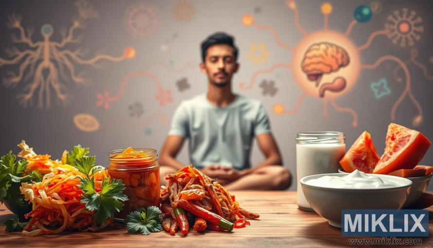 Fermentēti pārtikas produkti uz galda ar meditējošu personu un stilizētiem zarnu un smadzeņu ass attēliem fonā.