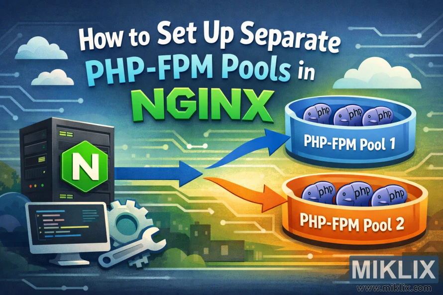 Illustration showing an NGINX server routing traffic to two separate PHP-FPM pools with blue and orange arrows.