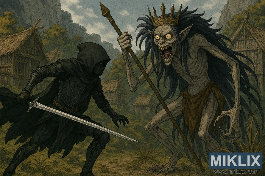 Anime-style battle scene of Tarnished fighting Demi-Human Queen Maggie in Elden Ring's Hermit Village