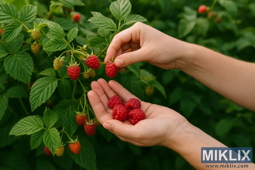 Hands picking ripe red raspberries from healthy green plants in a garden.