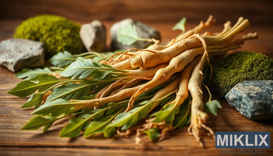 Sveže korenine in listi ginsenga na leseni mizi z mehko toplo svetlobo. Sveže korenine in listi ginsenga na leseni mizi z mehko toplo svetlobo.