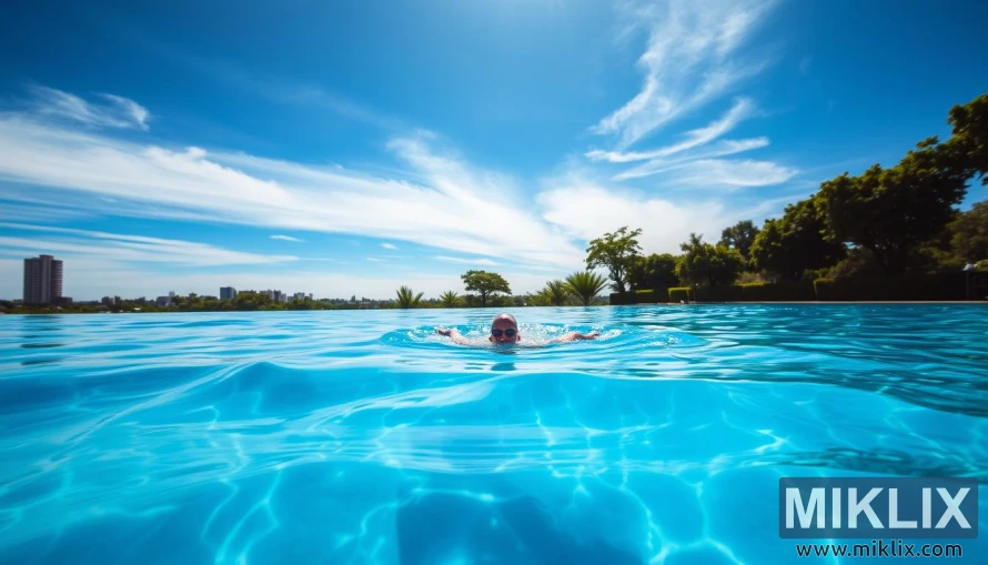 ಬಿಸಿಲಿನ ಆಕಾಶ ಮತ್ತು ನಗರದ ಆಕಾಶದ ಹಿನ್ನೆಲೆಯಲ್ಲಿ, ಸ್ಪಷ್ಟ ನೀಲಿ ಹೊರಾಂಗಣ ಕೊಳದಲ್ಲಿ ತೋಳುಗಳನ್ನು ಚಾಚಿ ಈಜುಗಾರ. ಬಿಸಿಲಿನ ಆಕಾಶ ಮತ್ತು ನಗರದ ಆಕಾಶದ ಹಿನ್ನೆಲೆಯಲ್ಲಿ, ಸ್ಪಷ್ಟ ನೀಲಿ ಹೊರಾಂಗಣ ಕೊಳದಲ್ಲಿ ತೋಳುಗಳನ್ನು ಚಾಚಿ ಈಜುಗಾರ.