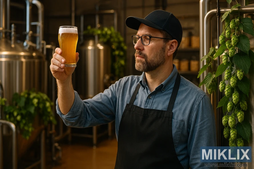 Professional brewer examining a glass of pale ale in a Sladek hop-focused brewing facility