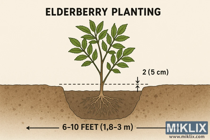 Схема, иллюстрирующая правильную глубину посадки бузины и расстояние между растениями. На ней изображен молодой куст с маркированными измерениями глубины корней и расстояния между растениями. Схема, иллюстрирующая правильную глубину посадки бузины и расстояние между растениями. На ней изображен молодой куст с маркированными измерениями глубины корней и расстояния между растениями.