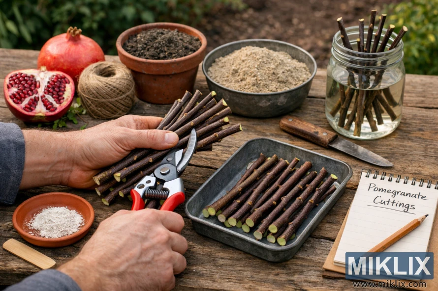 Gardener trimming and arranging pomegranate hardwood cuttings on a wooden table with soil, tools, and fruit Gardener trimming and arranging pomegranate hardwood cuttings on a wooden table with soil, tools, and fruit