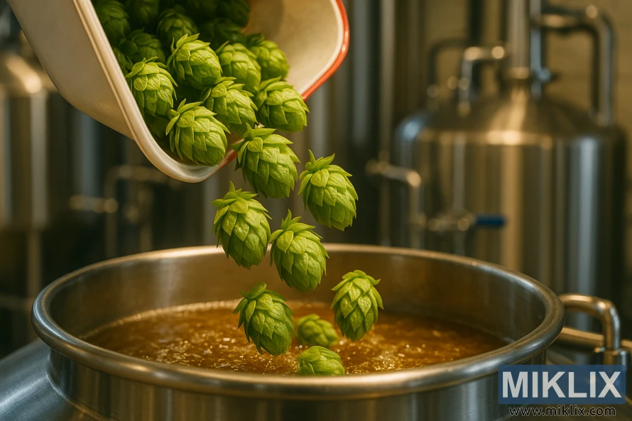 Fersk Citra-humle tilsettes en bryggekjele i rustfritt stål i varm belysning.