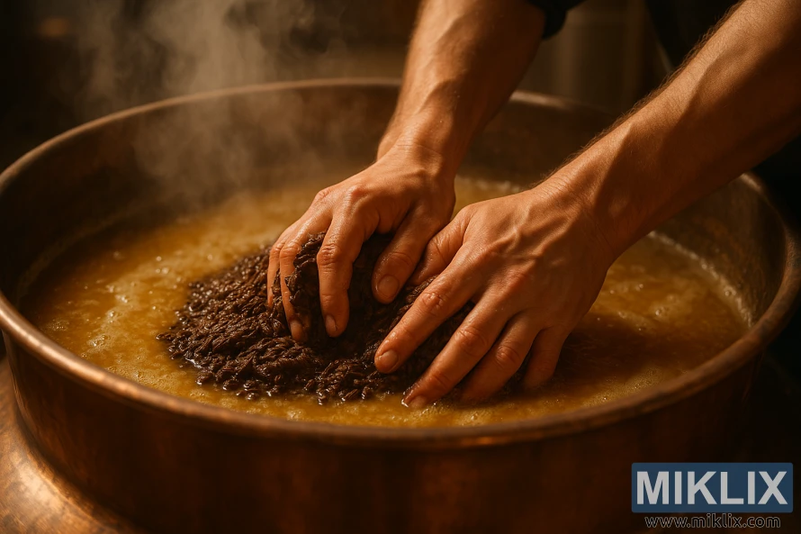 Bryggerens hender moser blek sjokolademalt i kobberkjele med damp som stiger opp i varmt lys.