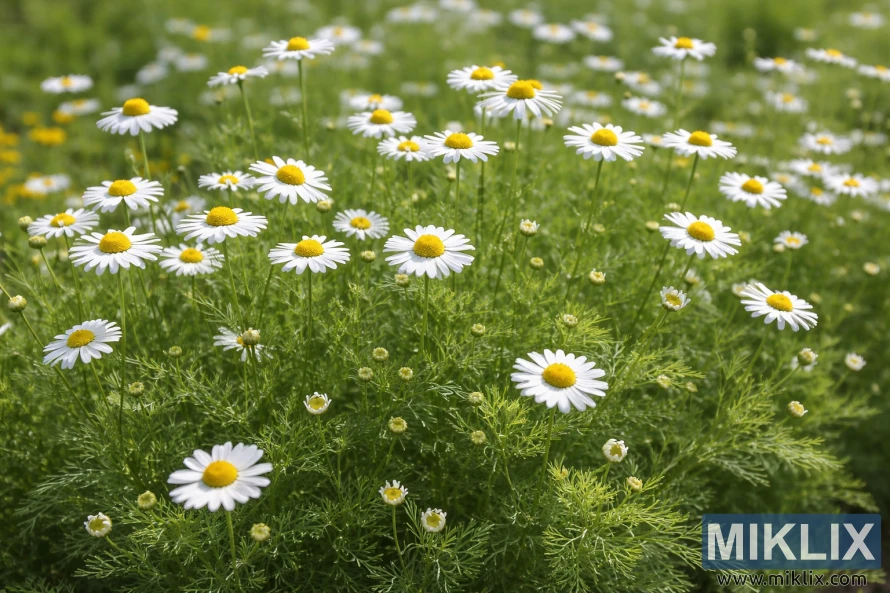 German chamomile plants with white daisy-like flowers and feathery green foliage growing densely in a sunlit garden.