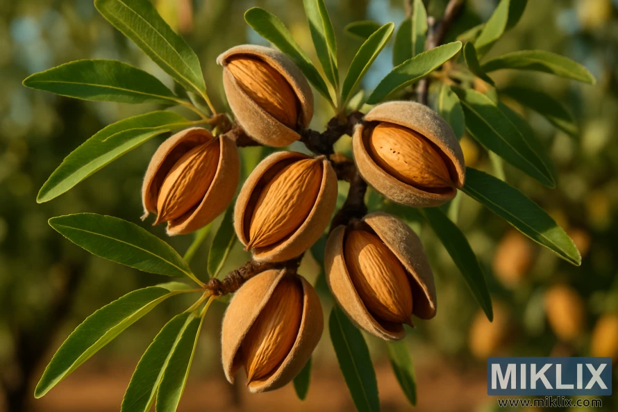 Plano aproximado de amêndoas maduras com cascas partidas num ramo de árvore. Plano aproximado de amêndoas maduras com cascas partidas num ramo de árvore.