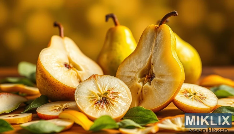 In Scheiben geschnittene goldene Birne mit saftigem Inneren und leuchtenden Farbtönen, umgeben von Birnenscheiben und Blättern. In Scheiben geschnittene goldene Birne mit saftigem Inneren und leuchtenden Farbtönen, umgeben von Birnenscheiben und Blättern.