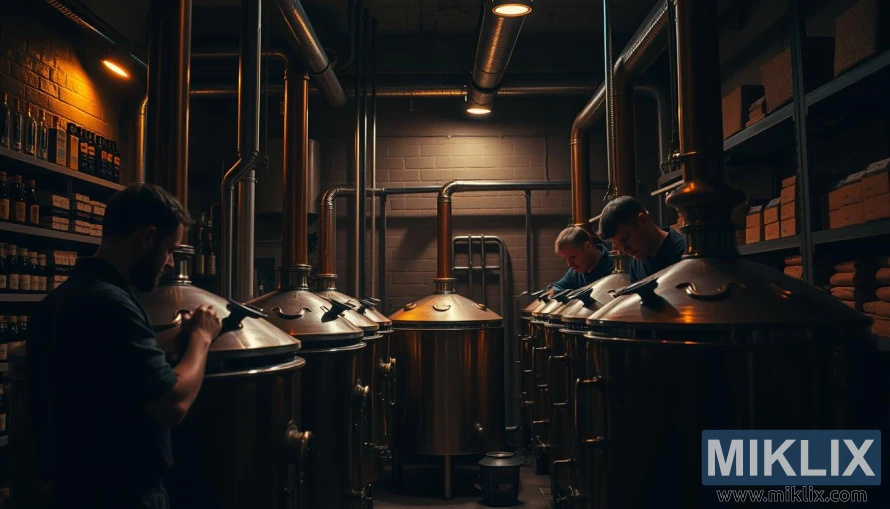 Bryggere inspiserer mos i nærheten av kobberkjeler i et svakt opplyst bryggeri med hyller med spesialmalt. Bryggere inspiserer mos i nærheten av kobberkjeler i et svakt opplyst bryggeri med hyller med spesialmalt.