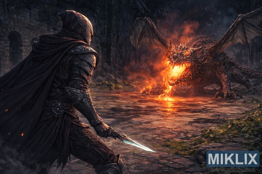 Mchoro wa mtindo wa anime wa silaha za kisu cheusi zilizotiwa rangi nyeusi zinazoonekana kutoka nyuma upande wa kushoto, zikimkabili Magma Wyrm Makar mwenye nguvu katika pango lililoharibiwa muda mfupi kabla ya vita.