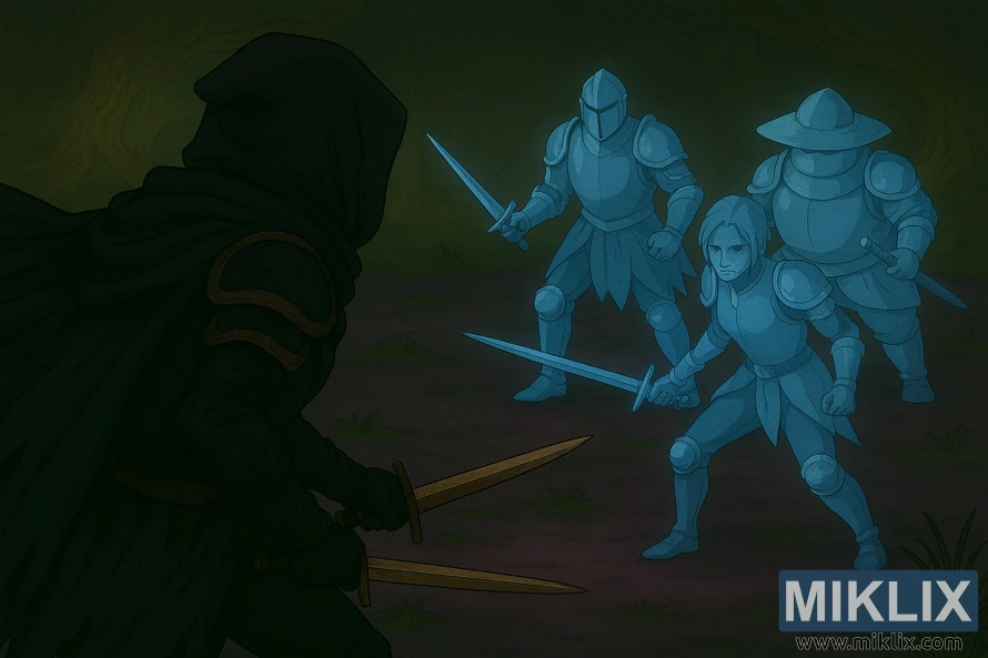 Seni penggemar gaya anime saka waja Tarnished in Black Knife sing ngadhepi telung prajurit biru memedi ing Deeproot Depths Elden Ring.