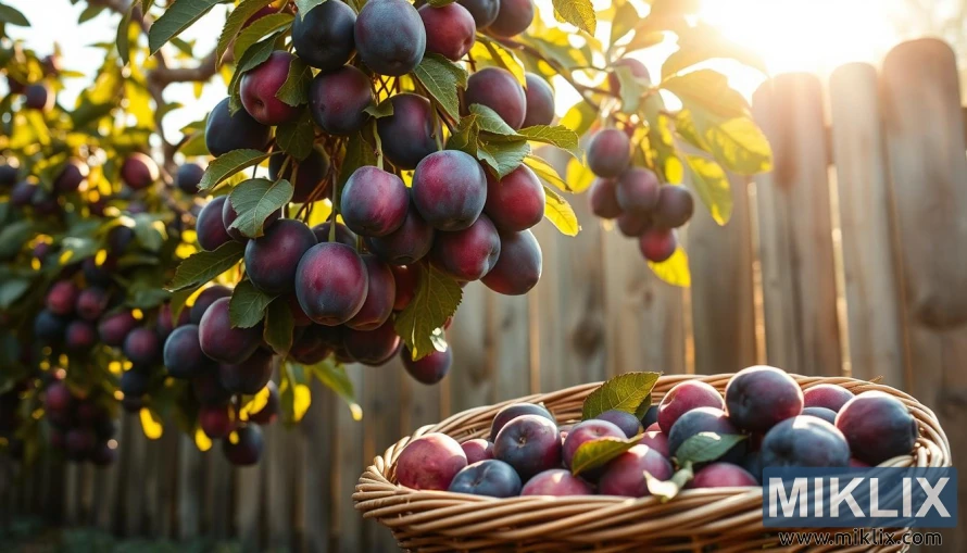 Спелые сливы на освещенных солнцем ветвях с корзиной свежесорванных слив на переднем плане и деревенским забором на заднем плане.