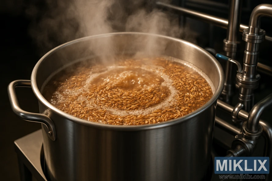 Damp stiger opp fra en vannkoker i rustfritt stål med malt og rugkorn som koker i gylden vørter.