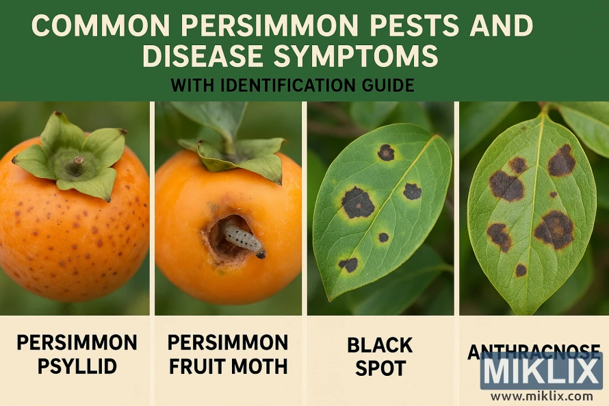 Infographic showing common persimmon pests and diseases including Persimmon Psyllid, Persimmon Fruit Moth, Black Spot, and Anthracnose with labeled images of affected fruit and leaves. Infographic showing common persimmon pests and diseases including Persimmon Psyllid, Persimmon Fruit Moth, Black Spot, and Anthracnose with labeled images of affected fruit and leaves.