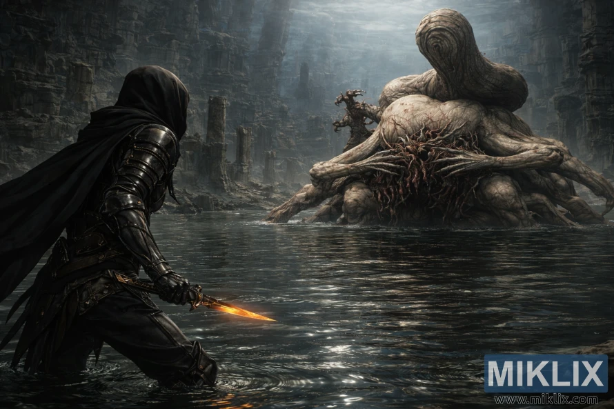 Dark fantasy fan art showing the Tarnished from behind, knee-deep in shallow water, facing the massive Metyr, Mother of Fingers, in the flooded Finger Ruins of Miyr. Dark fantasy fan art showing the Tarnished from behind, knee-deep in shallow water, facing the massive Metyr, Mother of Fingers, in the flooded Finger Ruins of Miyr.