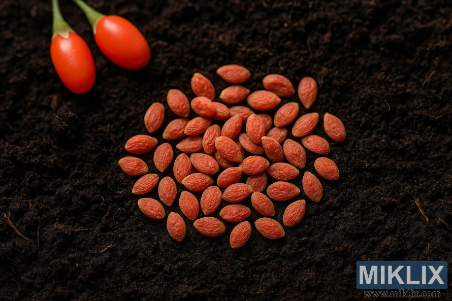 Close-up of goji berry seeds arranged on dark fertile soil with ripe berries nearby.