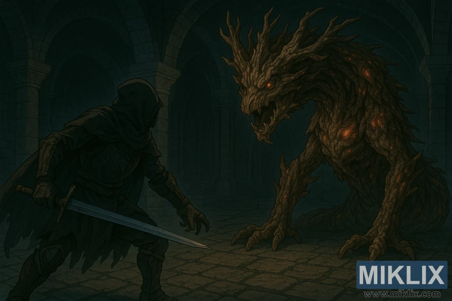 Kapuutsiga anime-stiilis sõdalane seisab silmitsi tohutu mädanenud puumao olendiga, kellel on ainult esijäsemed pimedas kivikatakombis.