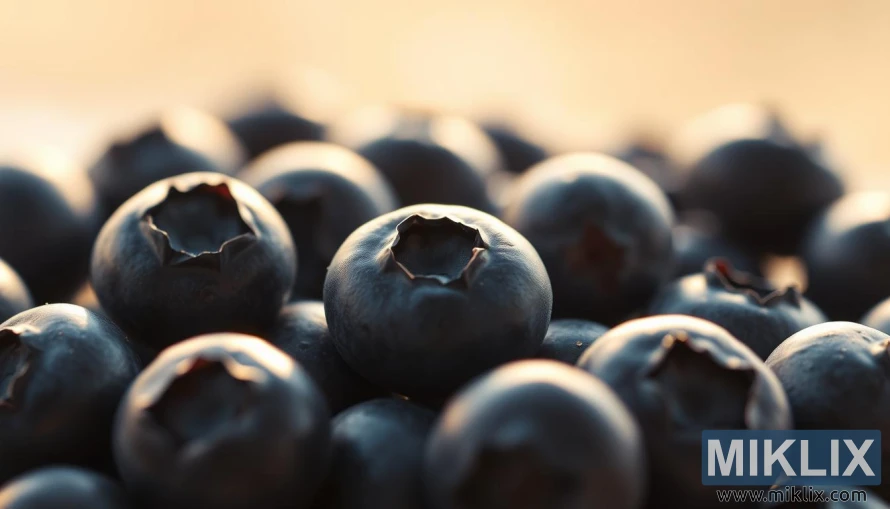 Pulleita mustikoita, joissa on kuvioitu kuori, lämpimässä luonnonvalossa pehmeää sumennettua taustaa vasten. Pulleita mustikoita, joissa on kuvioitu kuori, lämpimässä luonnonvalossa pehmeää sumennettua taustaa vasten.