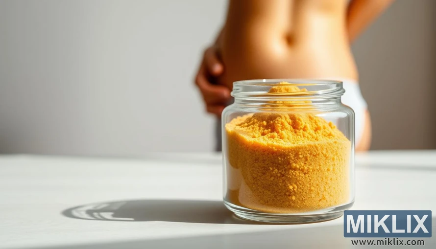 Стаклена тегла златног инулинског праха на минималистичкој површини са замагљеном здравом фигуром.