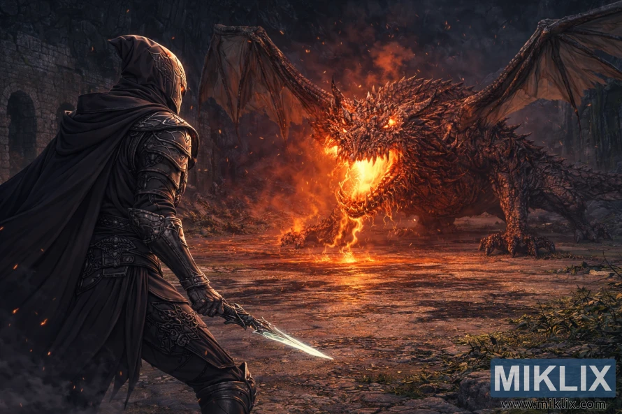 Mchoro wa mtindo wa anime wa Wanyama Waliochafuka unaoonekana kutoka nyuma upande wa kushoto ukimkabili Magma Wyrm Makar mkubwa ambaye taya zake zinazowaka zinatawala pango lililoharibiwa.