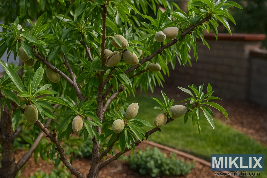 Amêndoa com cascas e folhas verdes a crescer num jardim doméstico ajardinado Amêndoa com cascas e folhas verdes a crescer num jardim doméstico ajardinado