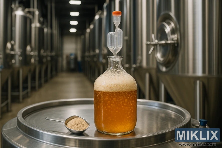 Damigiana di vetro contenente birra chiara in fermentazione, dotata di krausen e gorgogliatore accanto a un misurino per lievito secco in un birrificio professionale.