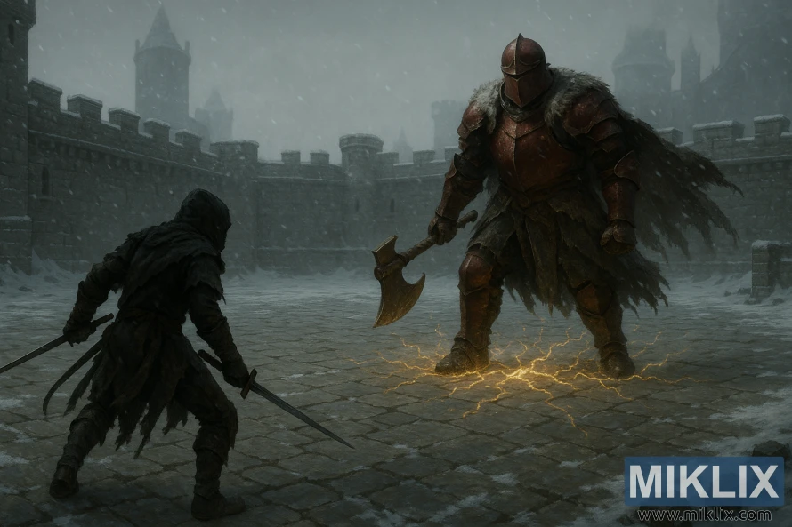 Ratnik s kapuljačom i dvije katane suočava se s komandantom Niallom u crvenom oklopu sa sjekirom u snježnom dvorištu dvorca Sol. Ratnik s kapuljačom i dvije katane suočava se s komandantom Niallom u crvenom oklopu sa sjekirom u snježnom dvorištu dvorca Sol.