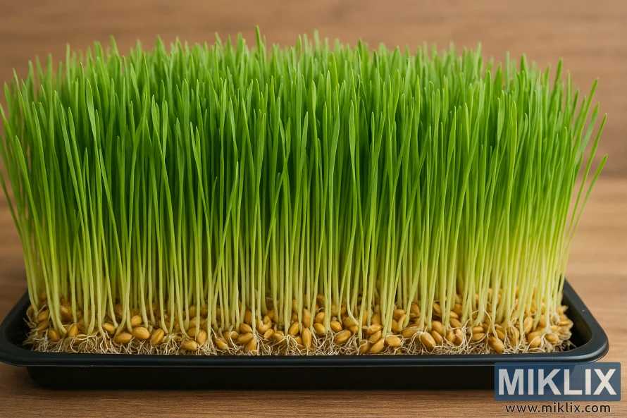 Tray of vibrant green wheatgrass with visible roots and seeds, ready for harvest Tray of vibrant green wheatgrass with visible roots and seeds, ready for harvest