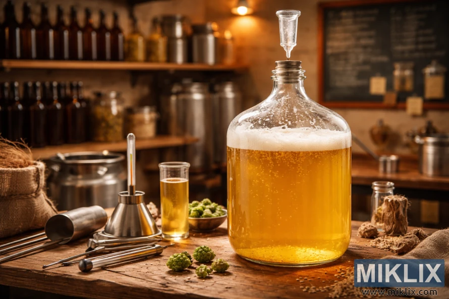 Glass carboy with fermenting golden beer surrounded by brewing tools, hops, and bottles in a warmly lit professional brewing workspace.