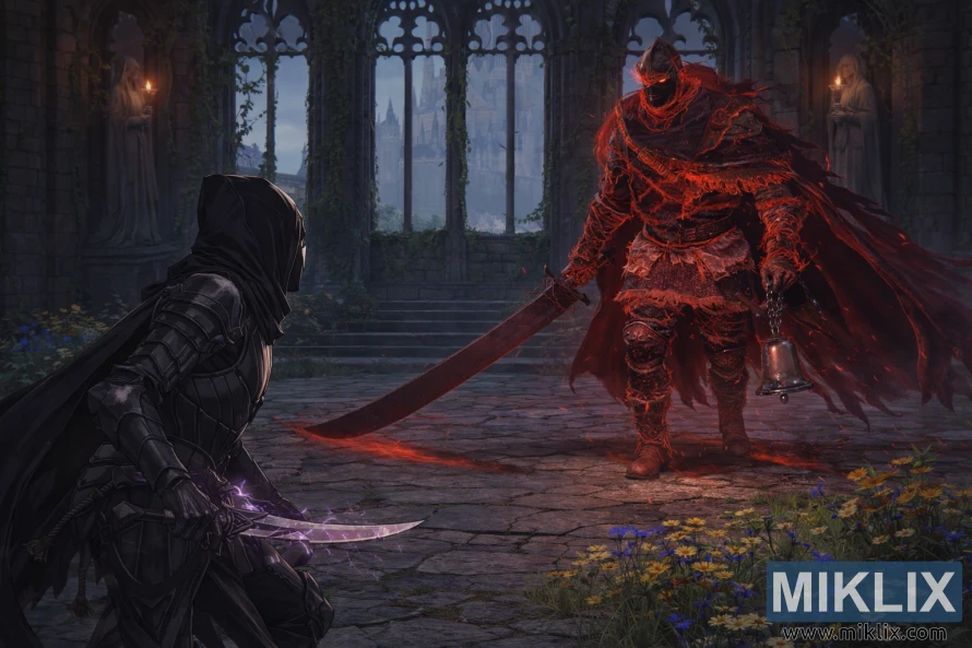 Sanaa ya mashabiki wa mtindo wa anime ya silaha ya Kisu Cheusi chenye Rangi ya Tarnished akimkabili Mwindaji Mwekundu Mwenye Kengele ndani ya Kanisa la Viapo lililoharibiwa, muda mfupi kabla ya vita. Sanaa ya mashabiki wa mtindo wa anime ya silaha ya Kisu Cheusi chenye Rangi ya Tarnished akimkabili Mwindaji Mwekundu Mwenye Kengele ndani ya Kanisa la Viapo lililoharibiwa, muda mfupi kabla ya vita.