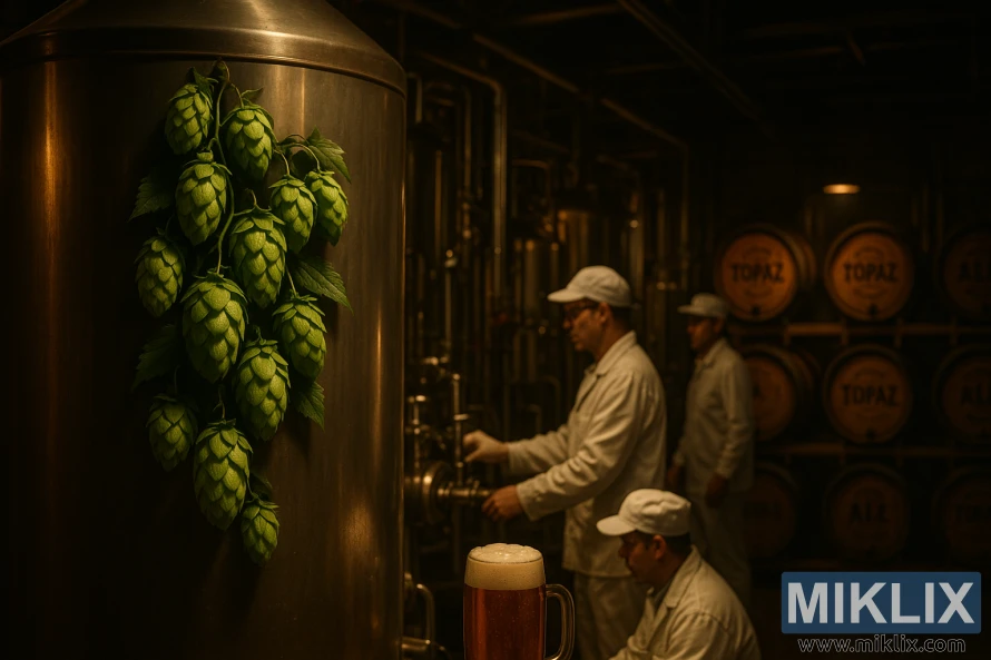 Topaz komlóval díszített erjesztőtartály egy félhomályos, borostyánszínű sörfőzdében, sörfőzőkkel, tölgyfahordókkal és rozsdamentes acél berendezésekkel. Topaz komlóval díszített erjesztőtartály egy félhomályos, borostyánszínű sörfőzdében, sörfőzőkkel, tölgyfahordókkal és rozsdamentes acél berendezésekkel.